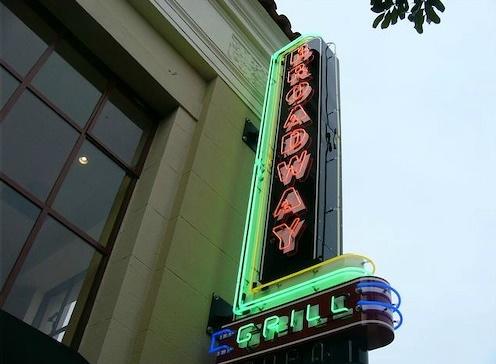 Broadway Grill Aluminum sign cabinet, neon lighted marquee, 3 dimensional architectural design, custom paint finish Burlingame, California, San Francisco Bay Area, San Mateo County 1