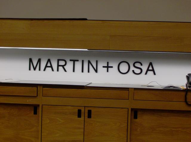 Martin + Osa Store, Westfield Valley Fair Shopping Center Raised acrylic letters on acrylic panel with flourescent lighting inside sign cabinet Santa Clara, California, San Francisco Bay Area, Santa Clara County 1