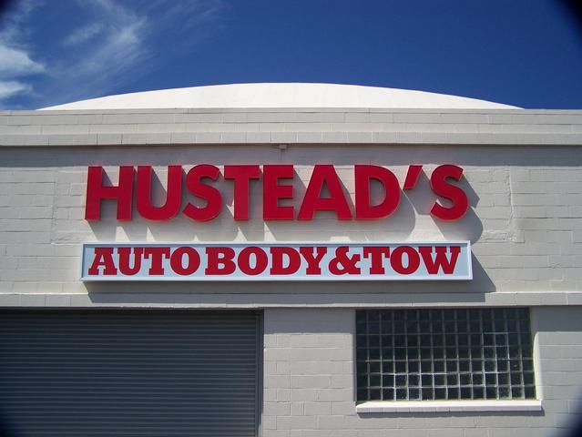 Hustead's Auto Body & Tow Channel letters, LED internal illumination, flourescent internal lighted cabinet Oakland, California, San Francisco Bay Area, Alameda County 11
