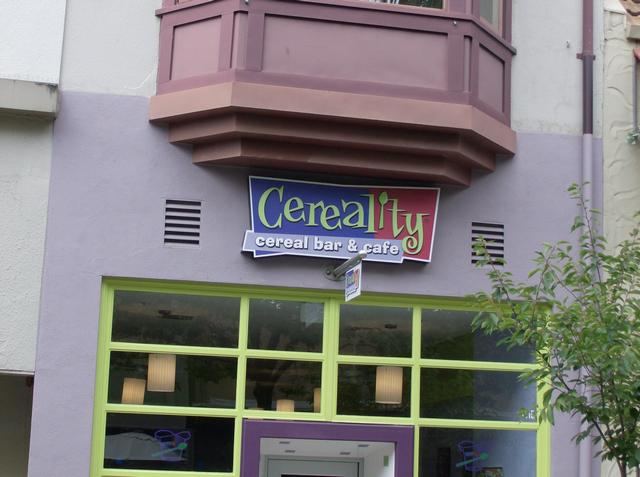 Cereality Cereal Bar & Cafe Sign cabinet with lexan sign faces, internal flourescent lighting, full color transleuscent vinyl graphics. Santa Cruz, California, San Francisco Bay Area, Santa Cruz County 2