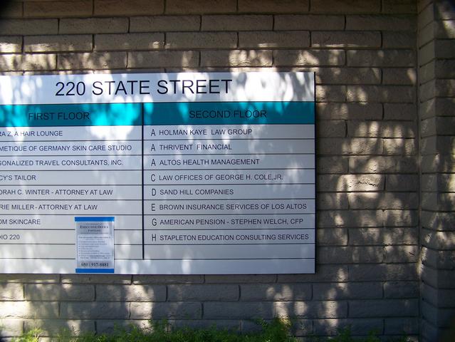 Office Complex Directory Menu Sign Aluminum powder coated sign with individual removalable panels with vinyl lettering Los Altos, California, San Francisco Bay Area, Santa Clara County 2