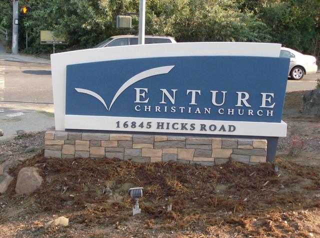 Venture Christian Church Monument Sign 3 Dimension architectural design, armor wall synthetic material, raised letters, rock base Los Gatos, California, San Francisco Bay Area, Santa Clara County 3