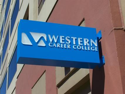 Western Career College Blade sign with aluminum cabinet, internal flourescent lighting, push thru acrylic letters, custom painted Emeryville, California, San Francisco Bay Area, Alameda County 4