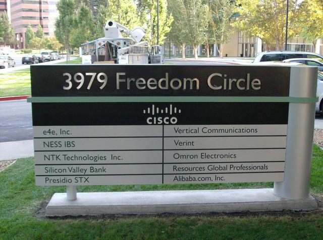 Cisco Systems Monument Sign 3 Dimensional architectural design, laser cut letters, individual vinyl lettered panels, aluminum cabinet, concrete base Santa Clara, California, San Francisco Bay Area, Santa Clara County 4