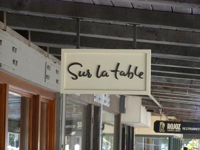 Sur La Table, Town & Country Shopping Center Blade sign with sandblasted HDU background & raised letters Palo Alto, California, San Francisco Bay Area, Santa Clara County 6