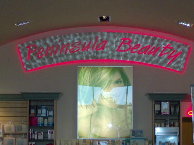 Peninsula Beauty Sign cabinet with brushed aluminum routed sign face with internal neon lighting Sunnyvale, California, San Francisco Bay Area, Santa Clara County 6