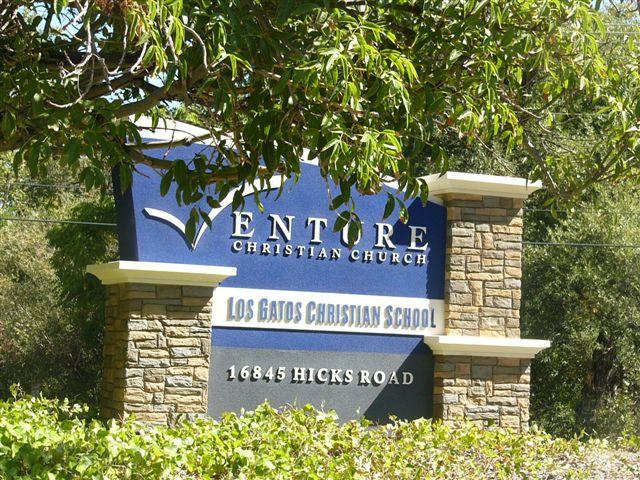Venture Christian Church Monument Sign Armor wall synthetic stucco body, architectural 3 dimension design, routed letters raised, faux rock columns, retrofitted over and existing concrete structure Los Gatos, California, San Francisco Bay Area, Santa Clara County 7