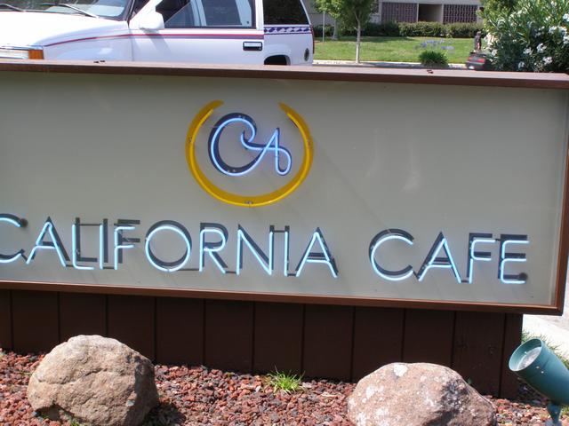 California Cafe Neon letters inside aluminum monument Palo Alto, California, San Francisco Bay Area, Santa Clara County 7