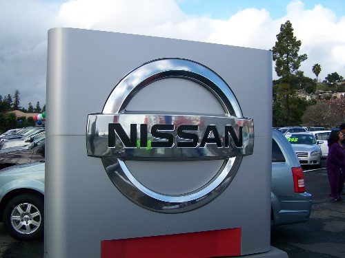 Hayward Nissan Monument Sign Aluminum cabinet, metallic finish paint job, architectural raised 3 dimension logo, flourescent internal illumination Hayward, California, San Francisco Bay Area, Alameda County 8