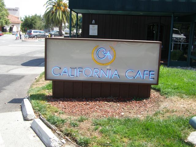 California Cafe Neon letters inside aluminum monument Palo Alto, California, San Francisco Bay Area, Santa Clara County 8