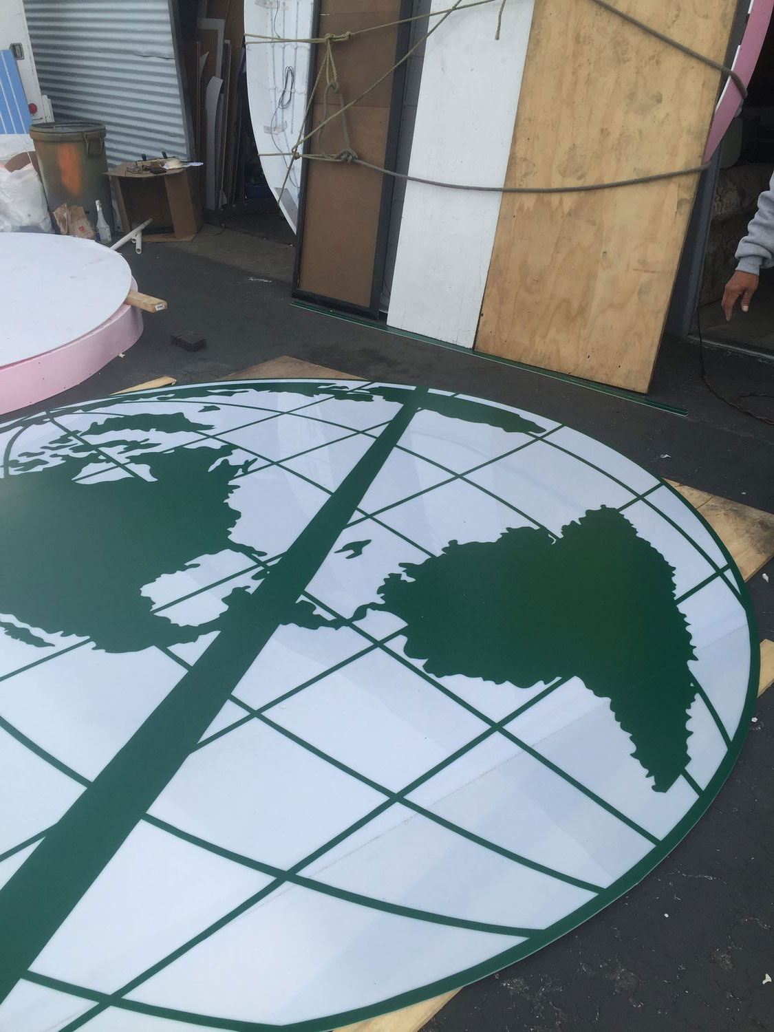 Globe logo 11' diameter, internal LED illumination. Being made in shop. Hayward, CA. Alameda County dnsd_IMG_2757